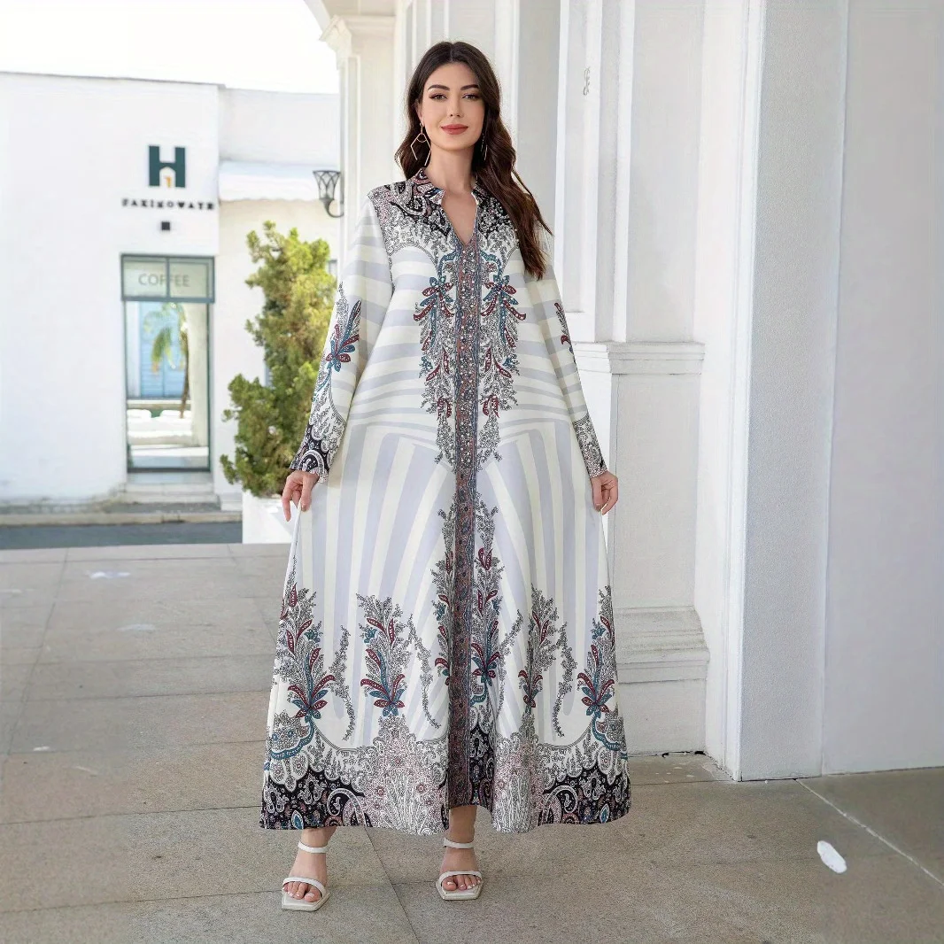 

Muslim Stand-up Collar Women's Robe Printed New Long-sleeved Dress Women's Stage Performance Costume Accessories