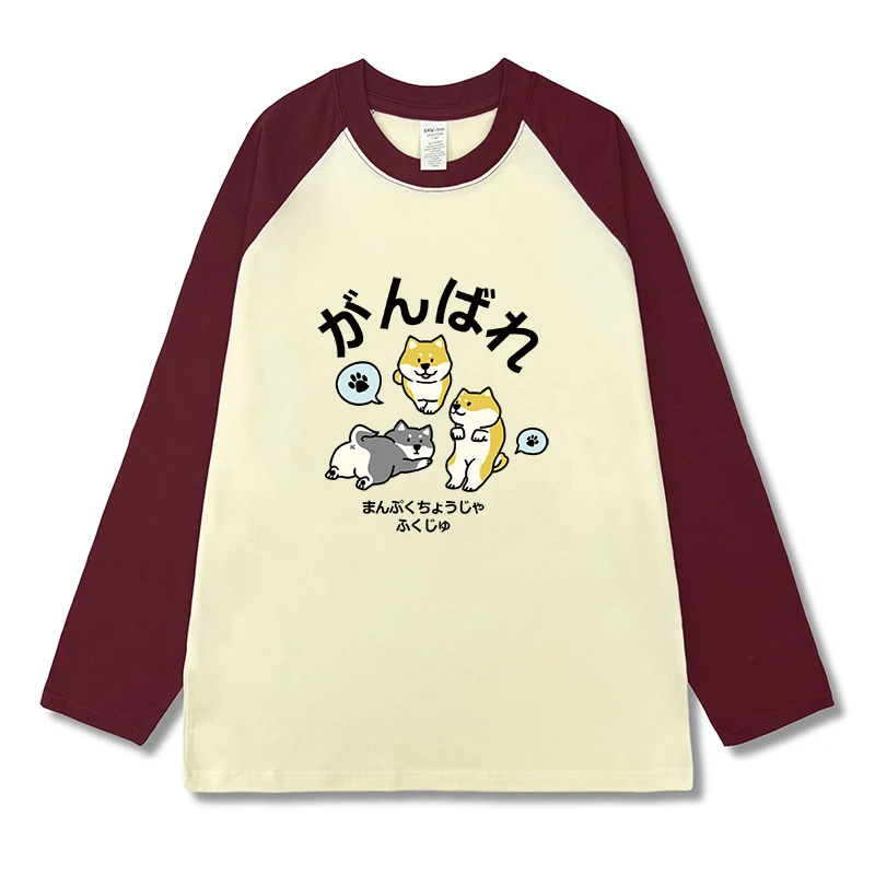 

100% Cotton 2025 New Autumn Japan Dog Print Women O Neck T-Shirt Female Loose Long Sleeve Shirt Patchwork Style Oversize Tops