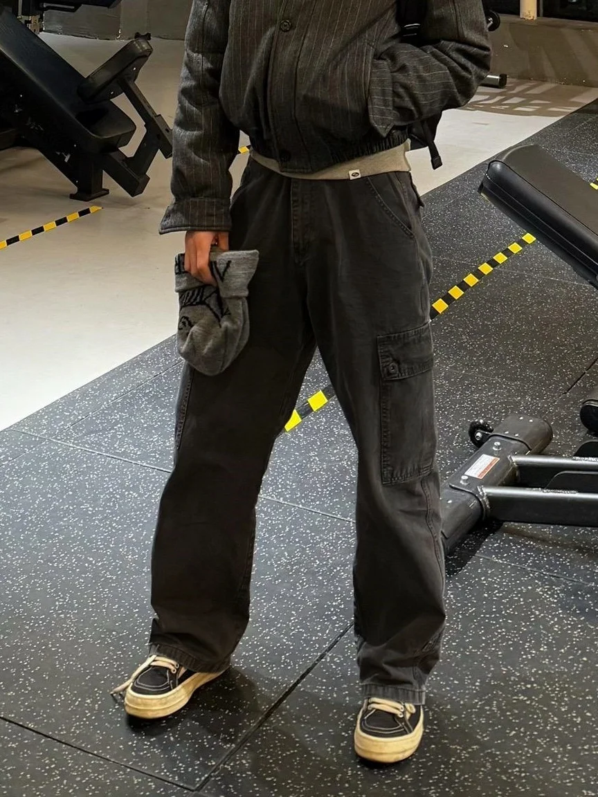 

Cleanfit Vintage Deep ey Men's Loose Straight Leg Jeans Multi-ket Workwear Casual Comfortable ex Denim Trousers