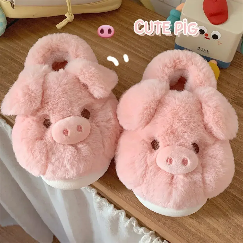 Pink fluffy pig slippers women slip on animal slides indoor house furry cotton shoes warm 2024 new girls piggy shoes