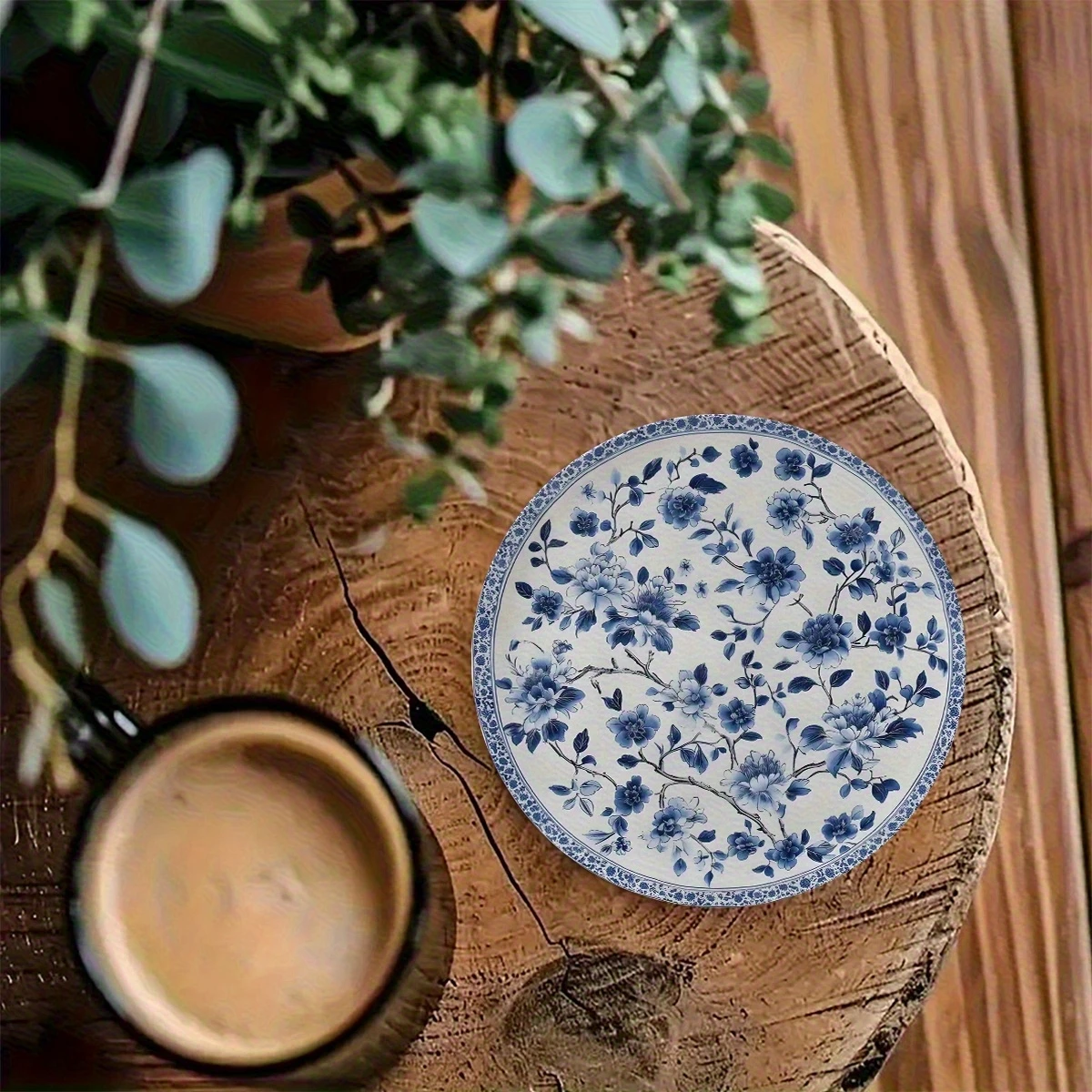Base para Copos Redonda de Madeira com Padrão de Porcelana Azul Estilo Chinês 2D, Decoração para Casa, Base para Mesa de Centro, Copo de Vidro, Copo d