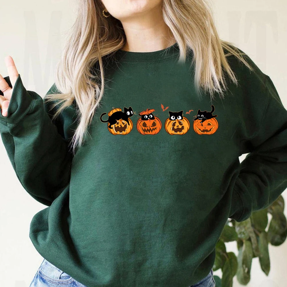 Black Cat and Pumpkin Graphic Sweathirts Cute Halloween Pumpkin Hoodie Not Too Spooky Halloween Cat Tee Unisex Long Sleeved Tops