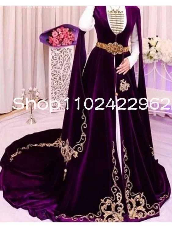 Caftan National Grape Velvet Prom Dresses with Long Sleeve Cape Beaded Embroidery Algerian Caucasian Two Pieces Evening Gown