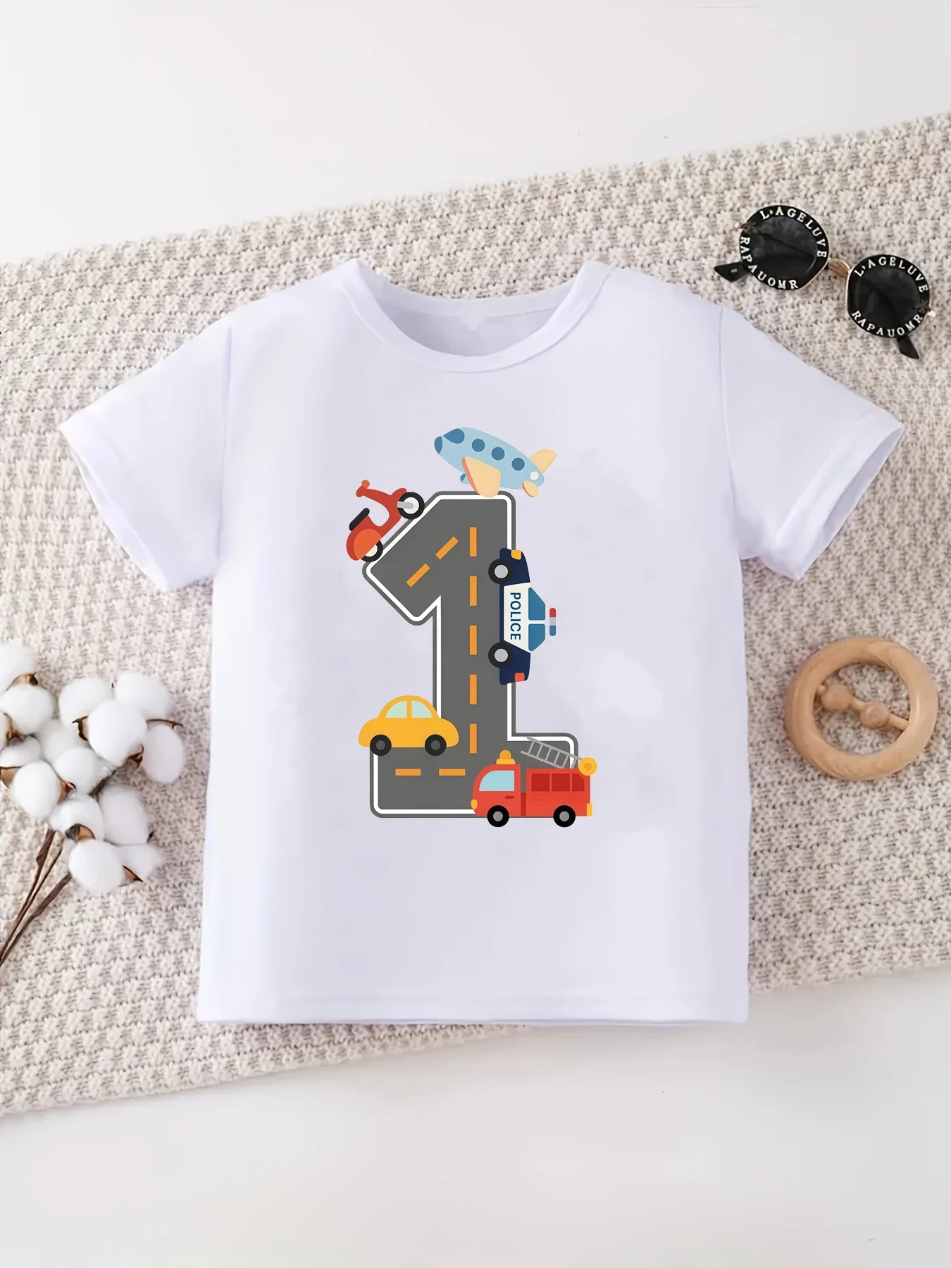 Number 1 Car Plane Vehicle Print Toddler Short Sleeve T Shirt Soft Cotton Boys First Birthday Casual Daily Wear O-Neck Kids Tee