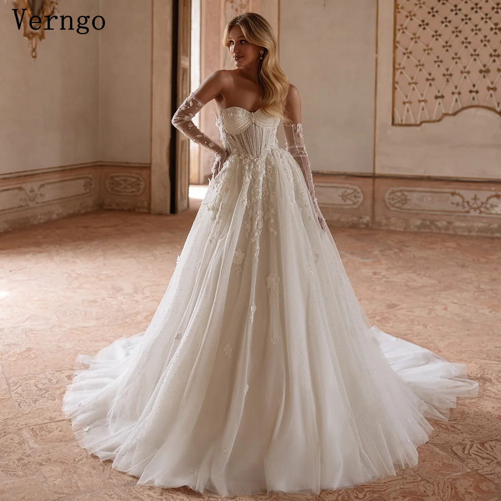 Verngo lvory Appliques Tulle Wedding Dress Sweetheart A Line Sweap Train Bridal Gown Women Elegant Classy Bride Dress Customized