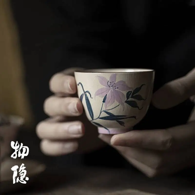 Wuyintang japanese Style Hand Painted Roselle Xiangfei Vintage Purple Clay Master Tasting Cup Kung Fu Tea Set