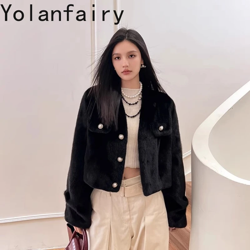 

YOLANFAIRY осенне-зимняя импортная цельная бархатная норковая куртка с утолщенным v-образным вырезом, короткая меховая куртка женская2025