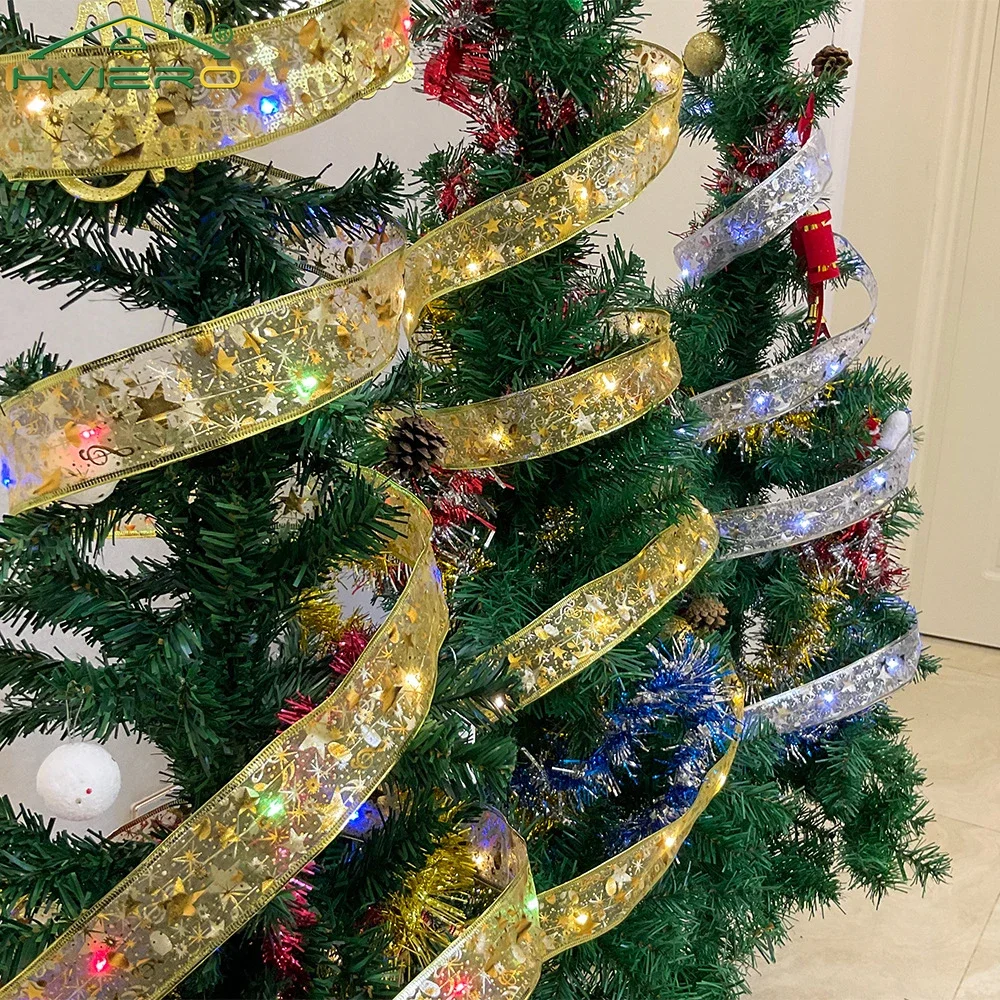 Christmas Tree Decorated Bow String Lamp 4M Gold RGB Ribbon Fairy Disco Lights DIY New Year Atmosphere Home Party Bouquet Strips