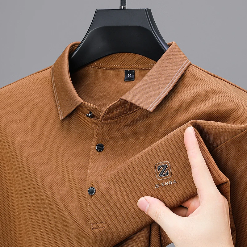 High end brand ice silk long sleeved polo shirt men\'s spring autumn new business casual fashion letter printed lapel T-shirt
