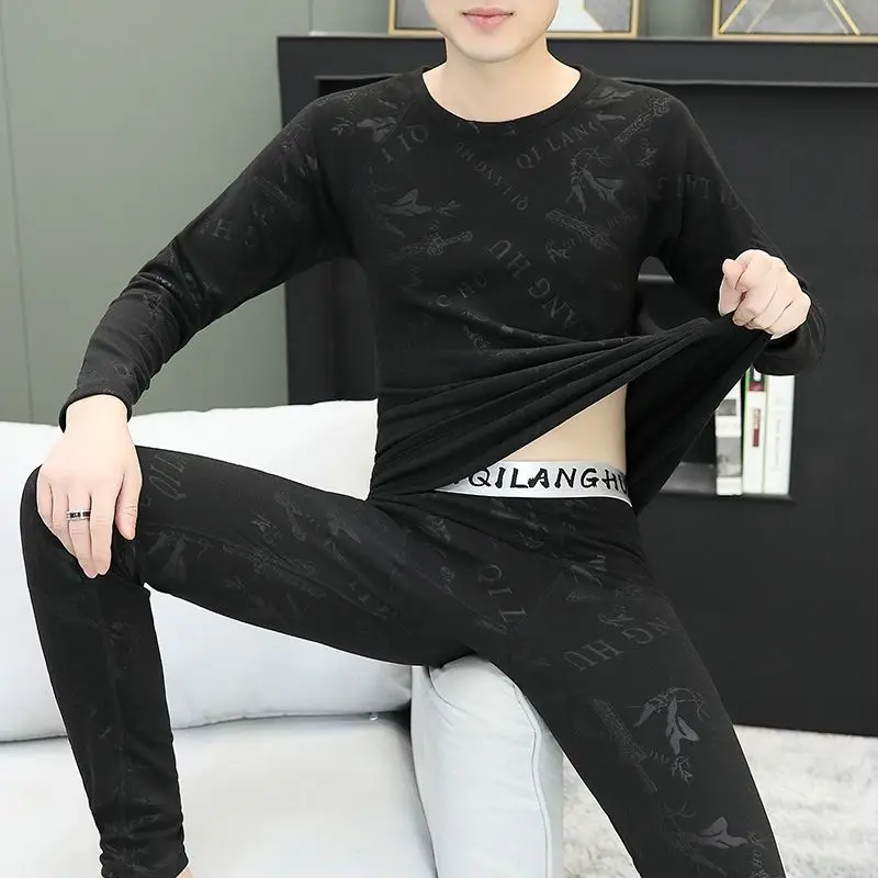 남성용 양면 독일산 벨벳 보온 내의 벨벳과 두꺼운 겨울 방한 멋진 자카드 롱존스 세트