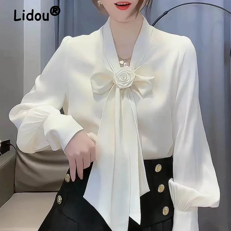 Women Flower Bow Tie Elegant Blouse Fashion White Business Casual Office Lady Shirts Long Sleeve Loose Chic Chiffon Tops Blusas