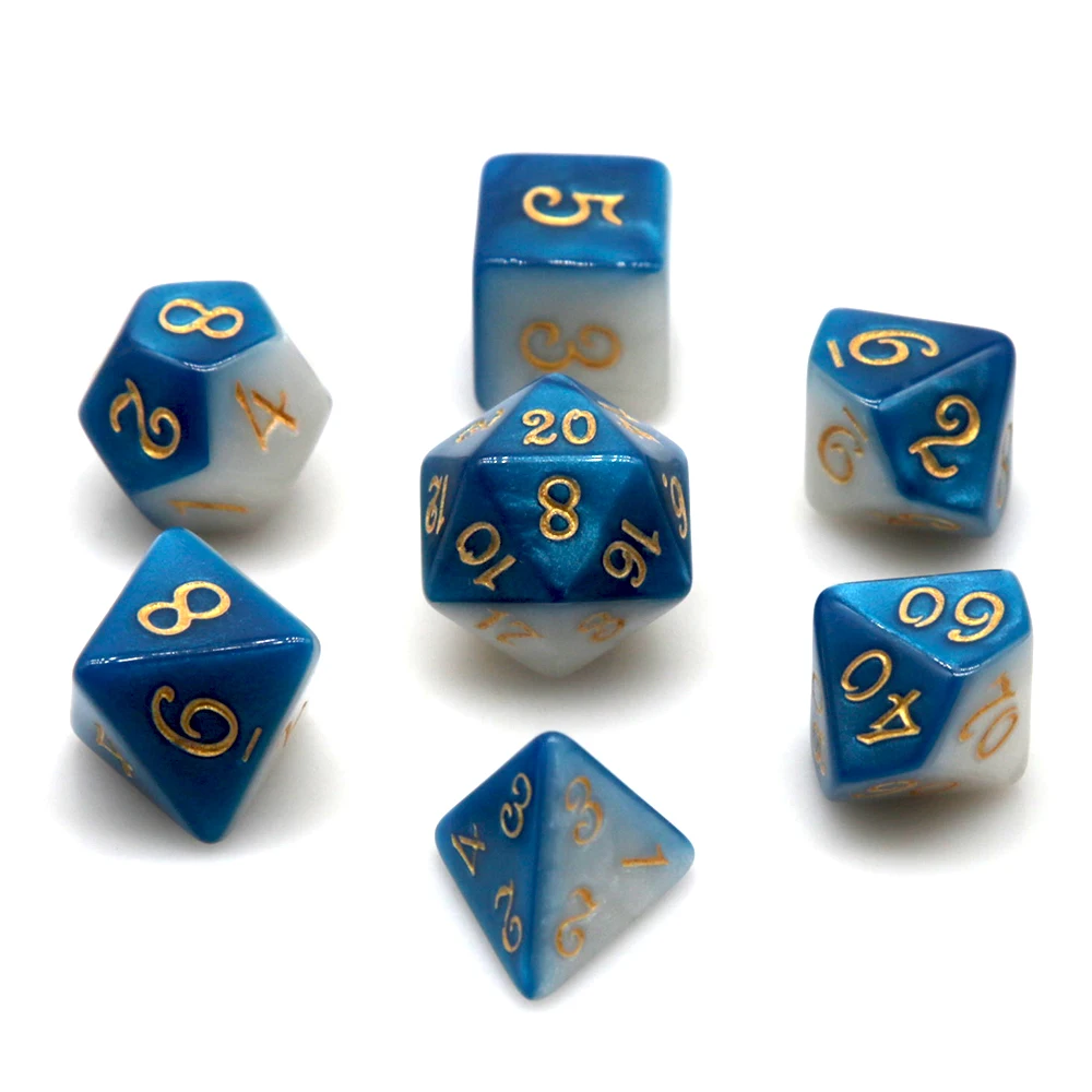 7Pcs Two-Tone Blue White Swirl Dice Set, Polyhedral Acrylic DND Dice with Gold Numbers for TTRPG & Tabletop Games