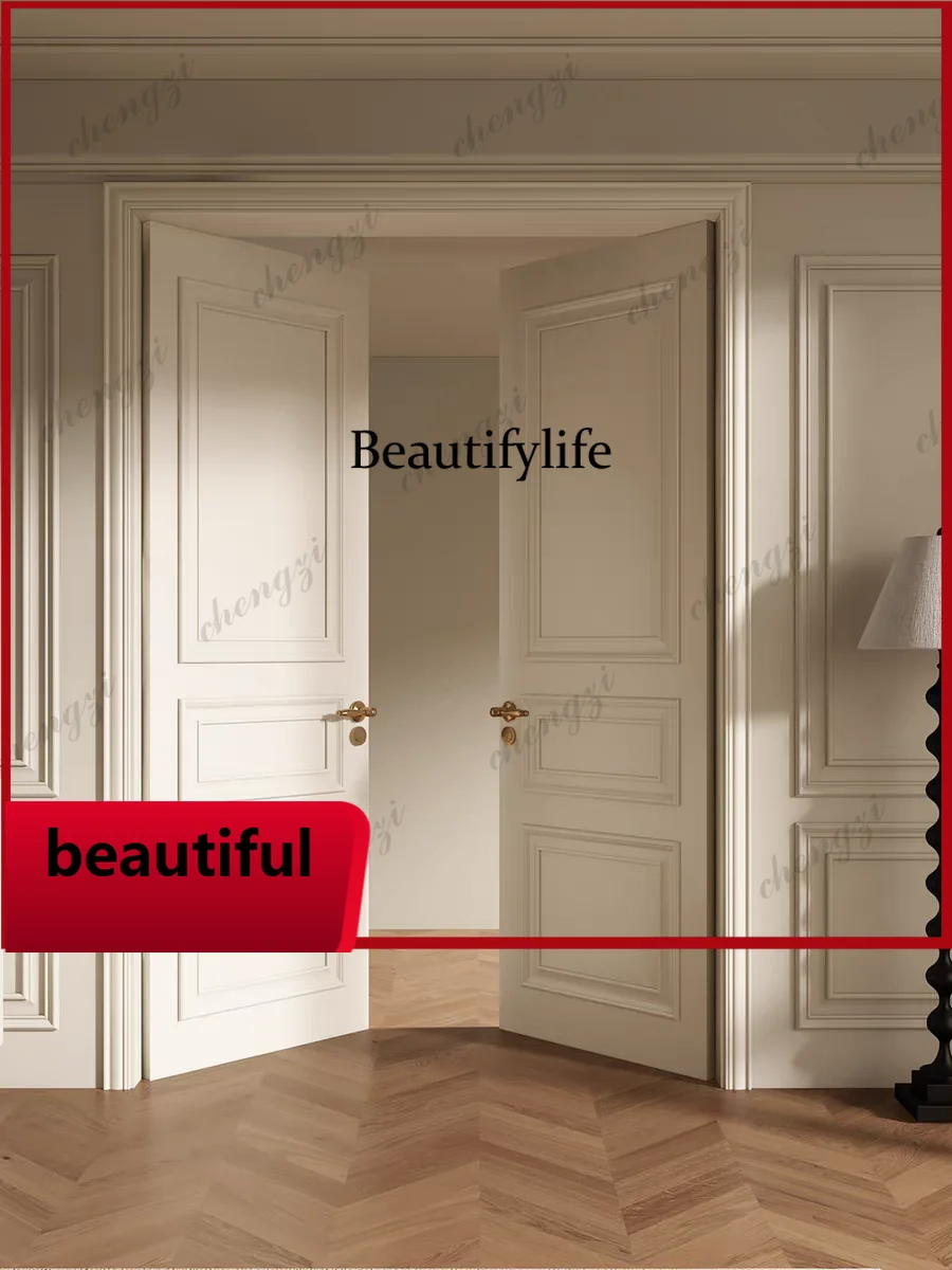 F181 Customization White Paint Medieval Style Hinged Wooden Door Stick Lines Midcentry Deep Lines Double Door Three Three Boxes