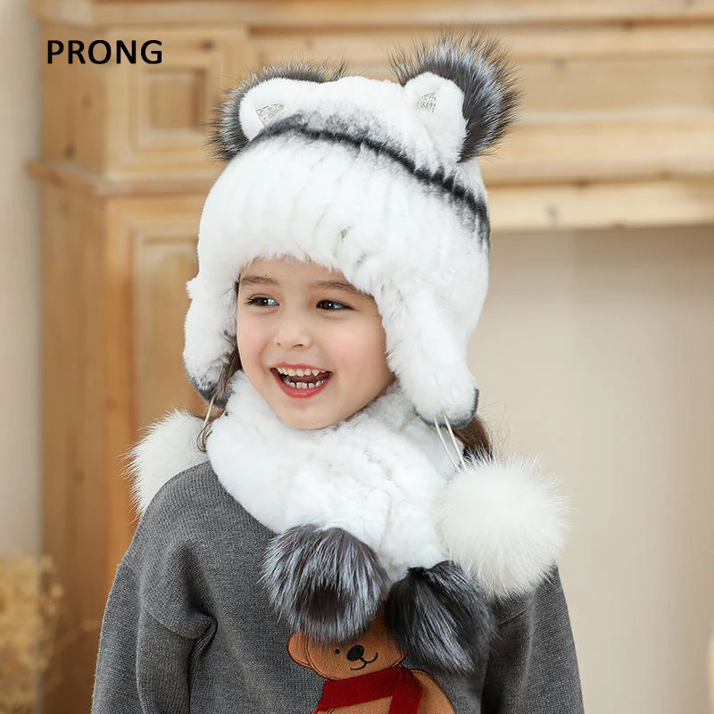 Kids Winter Hats Rex Rabbit Fur Hat Girls Boys Bonnets With Ear Flap Children Thick Warm Caps