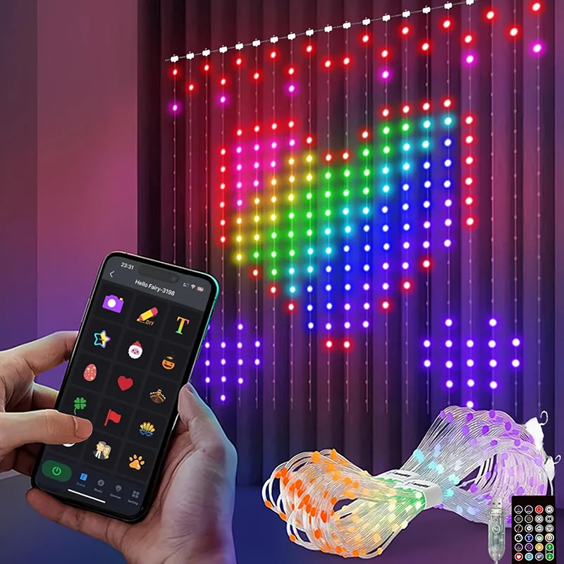 Cortinas de luces LED inteligentes con control remoto RGB, luces de ambiente de decoración navideña con ajuste de aplicación, cortina tipo enchufable
