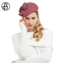 FS 2026 Red Pink Women Pillbox Hat Vintage Beret Cap Tea Party Church Hats With Bowknot Winter Wool Fedora Caps Chapeau Femme