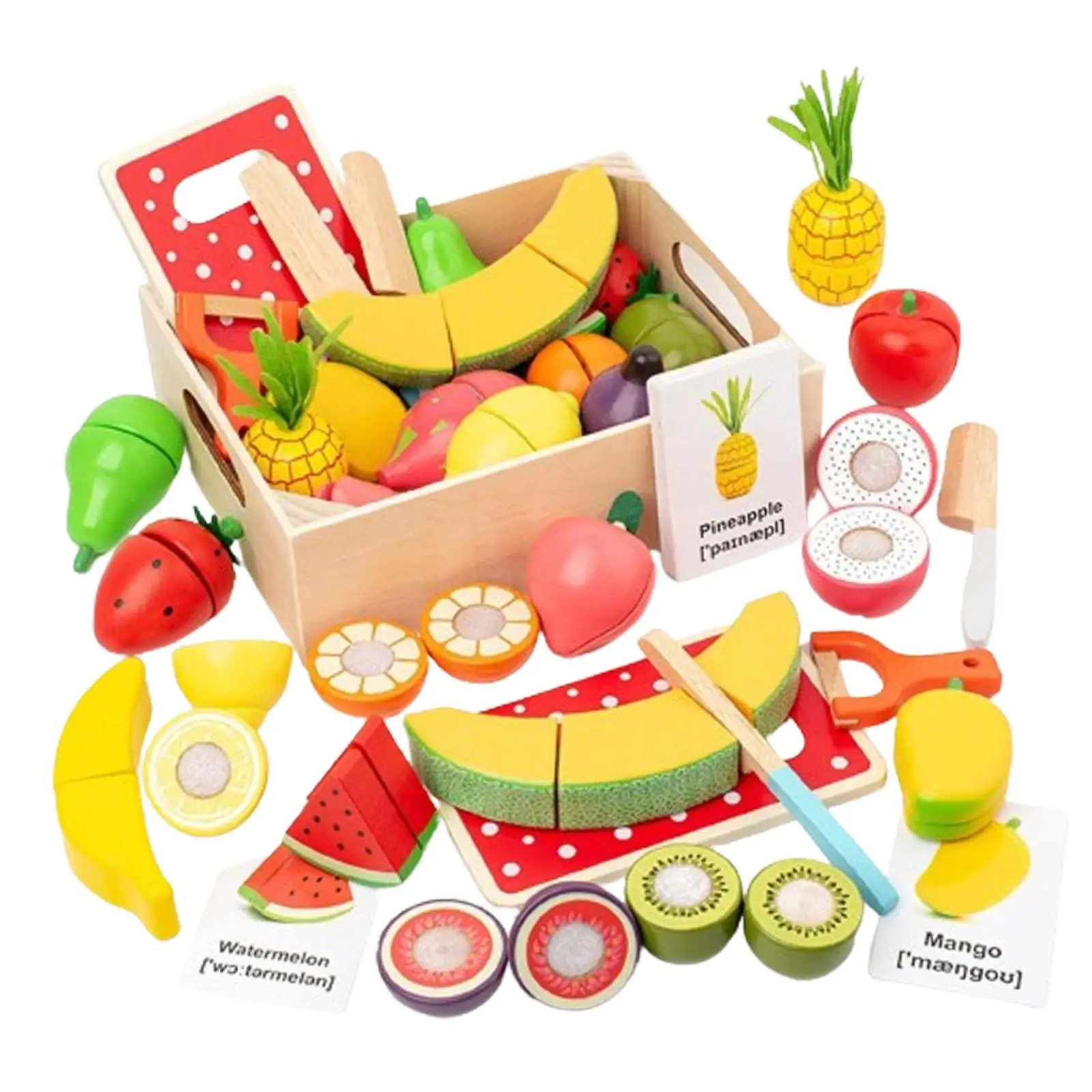 Juego de 19 piezas de cortar frutas y verduras, juego de regalo divertido para el desarrollo de habilidades básicas con caja de madera para niñas de 3 años o más