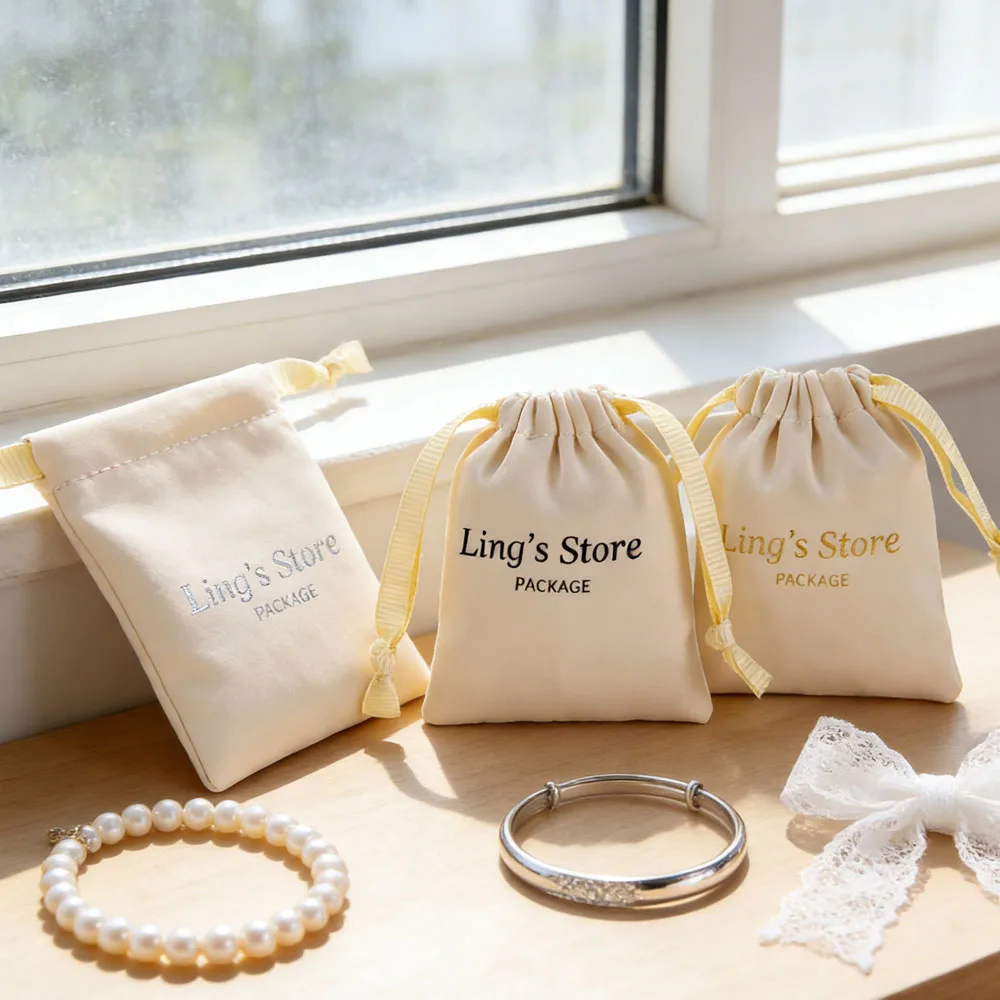 

50Pcs Beige Silk Satin Jewelry Drawstring Gift Bag Print Logo Packaging Pouch for Rings Wedding Favors Guests Candy Personalized