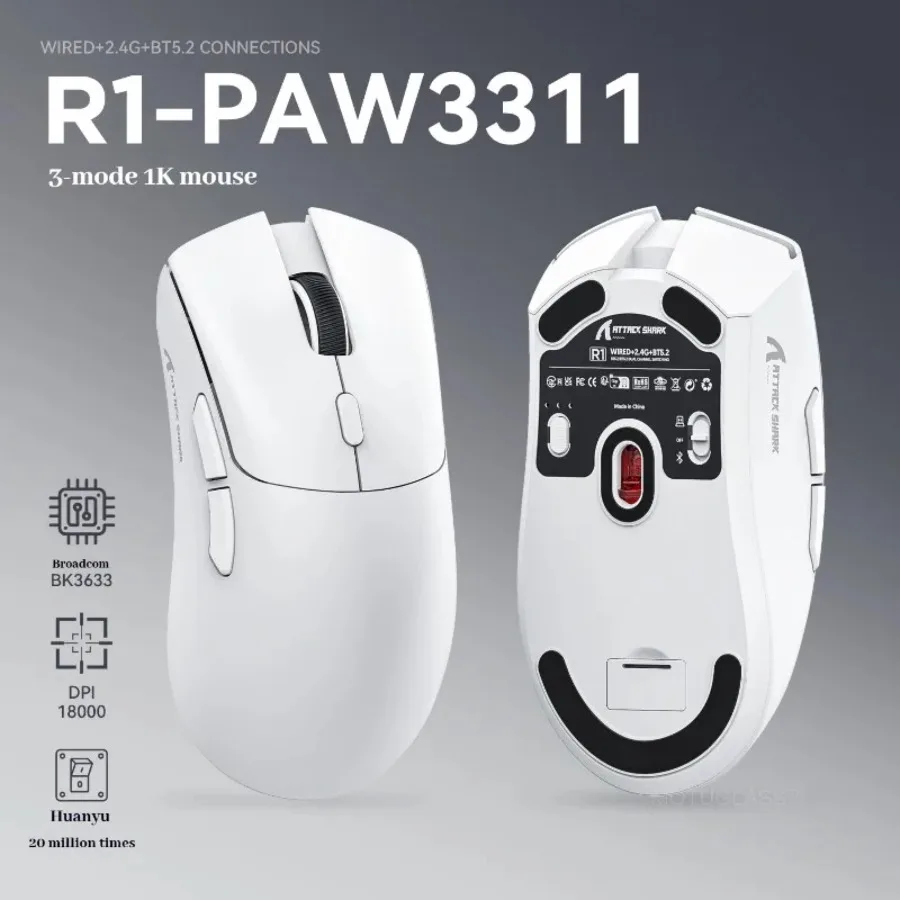 Attack Shark R1 Wireless gamer mouse,PAW3311 1KHZ 18000dpi,Bluetooth Mouse, Macro Gaming Mouse,mouse pad/pc