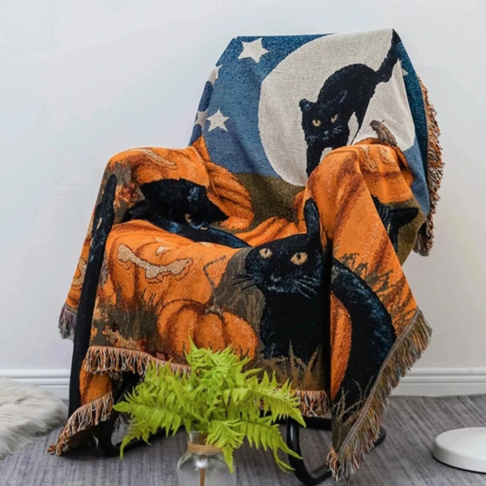 Halloween Black Cat Knitted Blanket For Beds Sofa Towel Full Cover Sofa Blankets Autumn Winter Picnic Mat Throw Tapestry Tassel