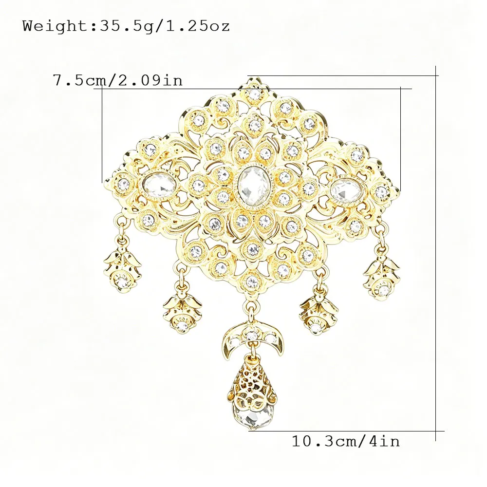 Luxury Filigree Moon Tassel Brooch Moroccan Caftan Kaftan Decorative Pin Clear Rhinestone Crystal Dangle Brooches For Women