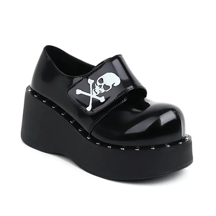 Dropshipping New Punk Style Dark Skull Retro Mary Jane Shoes Women\'s Shoes Wedge High Platform Casual Women\'s Single Shoes 34&43