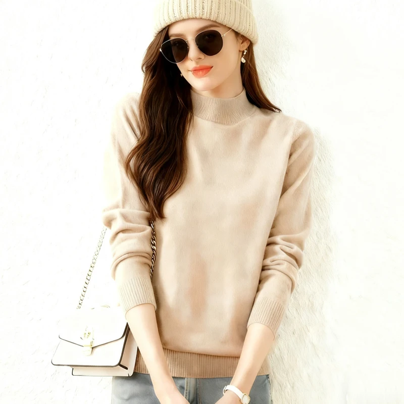 New Half Turtleneck Basic Women Sweater Fashion Pullover Long Sleeve Knitted Loose Top Jumper Casual Solid Simple Autumn Clothes