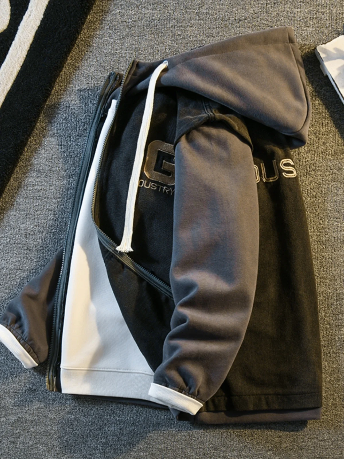 

American Sle Heavyweight Retro Patchwork Hooded Denim Jaet Men's Trendy Loose Casual Jaet Youthful ular Spring Autumn