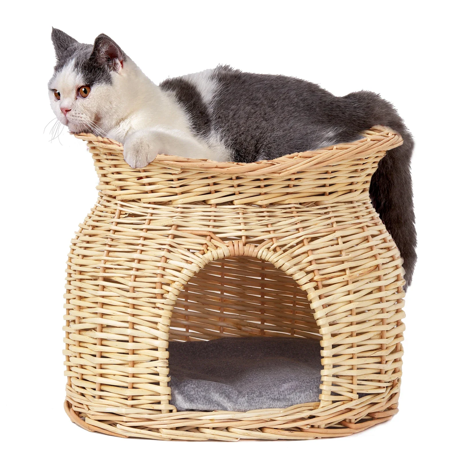 2-Tier Wicker Bunk Basket Cat Sleeping Bed Play House Furniture for Indoor Cats with 2 Pcs Soft Cushion Cave Bed, L *H 41x33.5CM