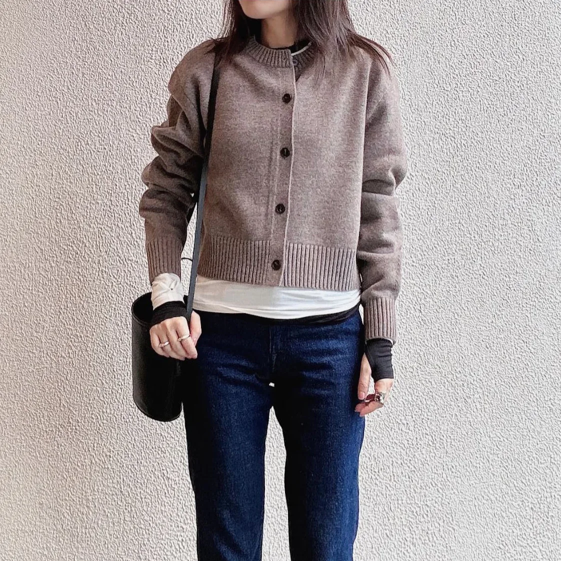 

Stand Fit Merino Wool Open Cardigan in Moire ey New Autumn 2025 Ladies Knitted Sweater Simple Casual Long Sve round N...