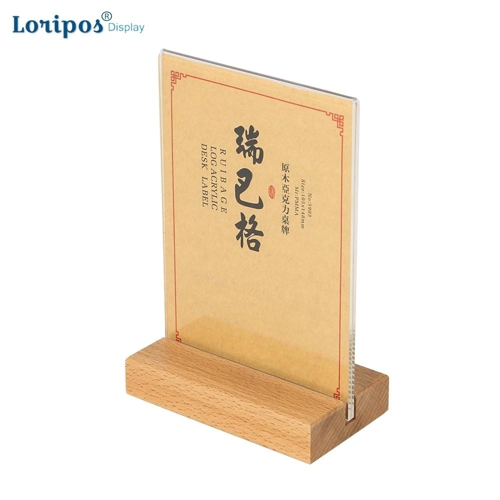 Acrylic Sign Holder Beech Material T Shape Table Menu Holder Product Price Flyer Display Card Holder Stand