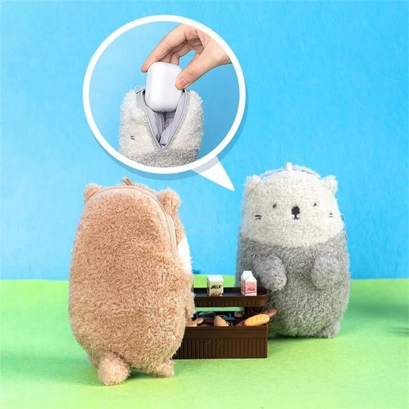 Porte-monnaie Animal de dessin animé mignon, jouets en peluche, Mini loutre renard, pendentifs en peluche, Kawaii, porte-clés, sacs, décor, cadeau amusant pour enfants
