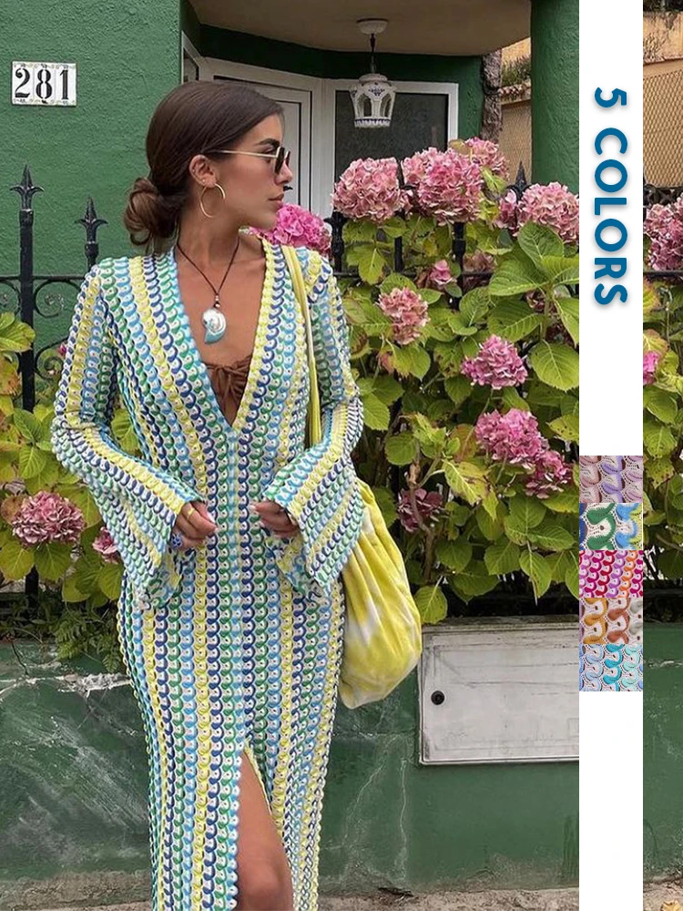 

Women Deep V Neck Casual Bohemian Maxi Dress Elegant O Neck Straight Flare Long Sleeve Vestidos Fashion Sexy Vacation Party Robe