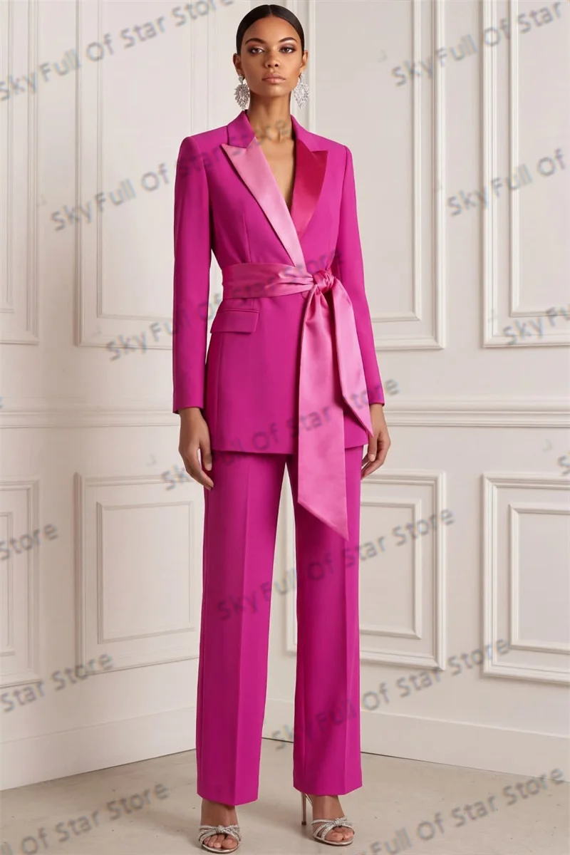 

Fuchsia Elegant Women Suit Set Customized 2 Pcs Blazer+Pants Trousers Belt Formal Office Lady Jacket Cotton Wedding Prom Dress