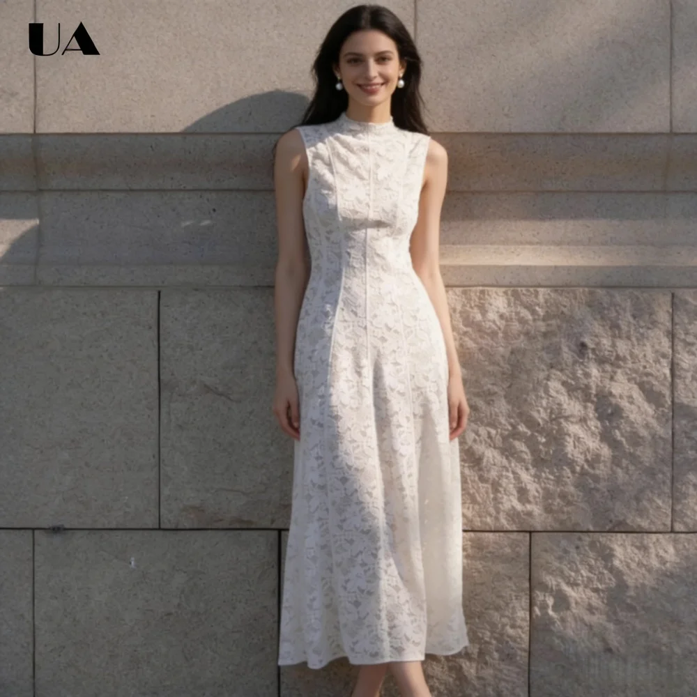 

Fashionable Lace A-line Half High Neck Midi Prom Dress, Elegant Sleeveless Long Dresses for Women, Classic Zippped Party Dress