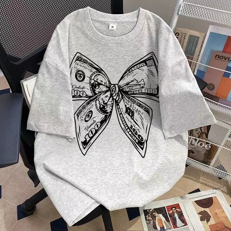 Camiseta de cuello redondo con estampado de lazo a la moda de verano, Top Universal de manga corta de talla grande para hombres y mujeres