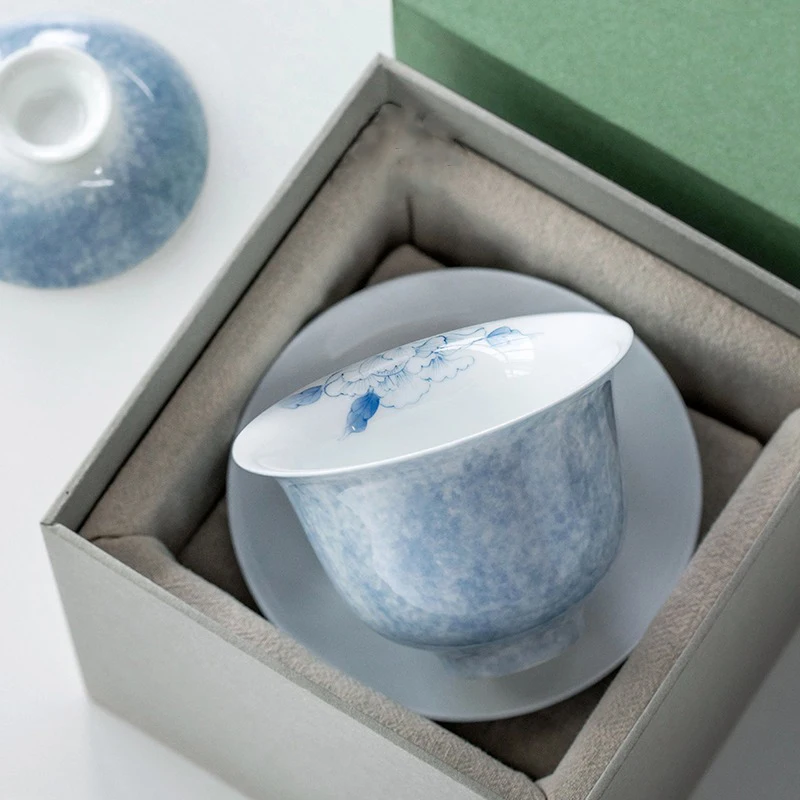 

Hand-painted Butterfly Love Flower Three Talents Covered Bowl Tea Cup Anti-scald Single High-end Ceramic Gongfu Tea Pot Set