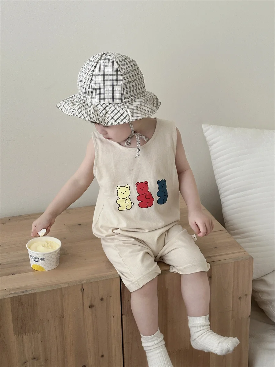 2025 Summer New Baby Sleeveless Romper Cute Bear Print Boy Girl Newborn Breathable Jumpsuit Infant Toddler Cotton Thin Clothes