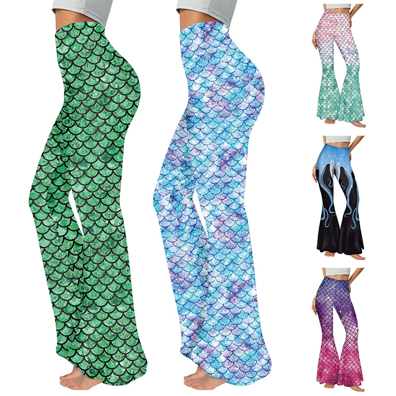 Zawaland-pantalones acampanados para mujer, moda elegante, pantalones con estampado de escamas de pescado, traje de fiesta, pantalones acampanados