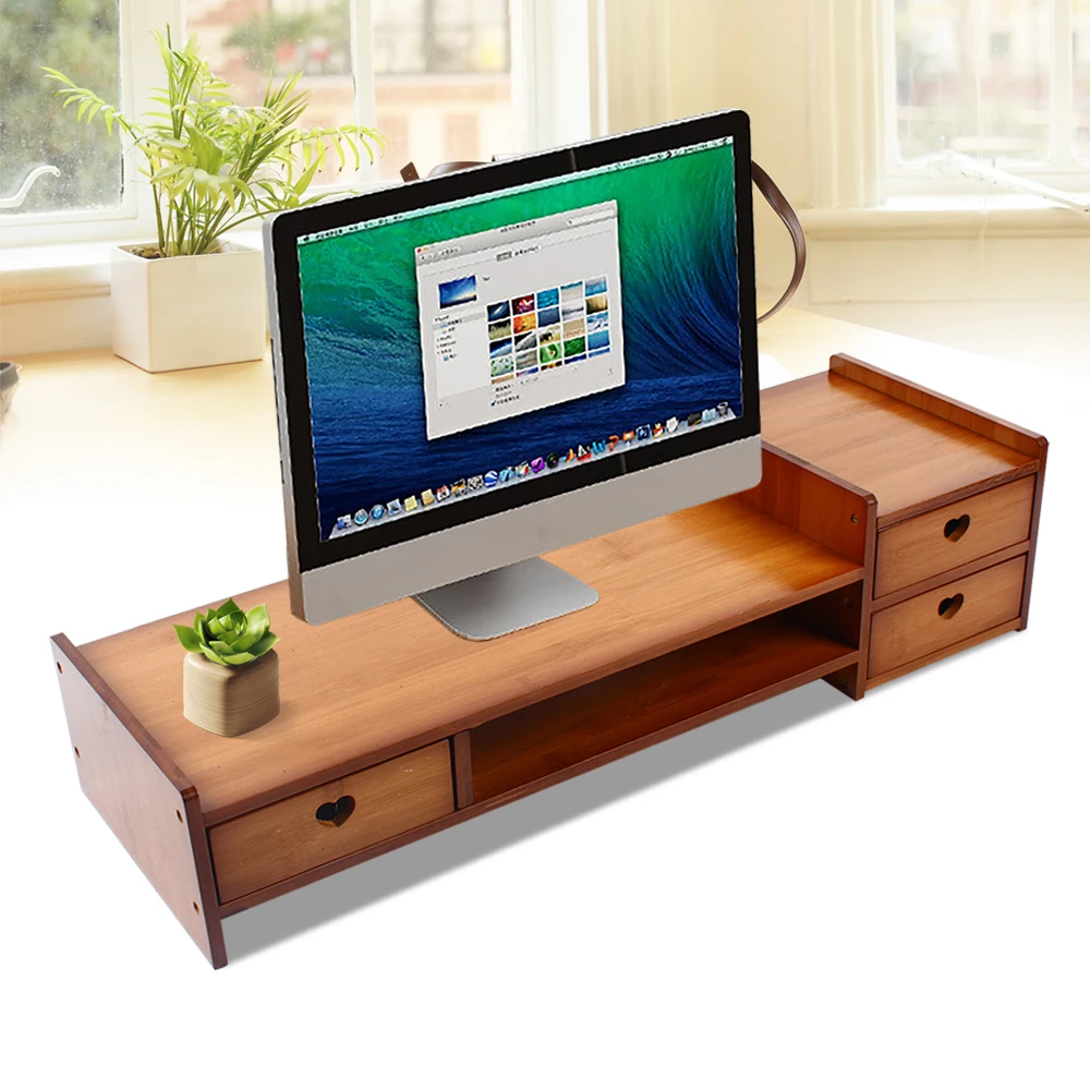 3-laags bamboe monitorverhogerstandaard met laden, 69x23x17cm grote desktoporganizer, draagvermogen 50kg, ergonomische kantoorplank