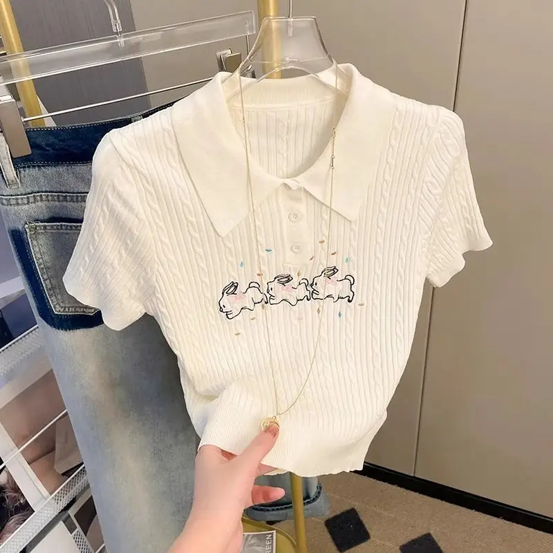 

Summer New Chic Cartoon Embroidery Sweet Knitted Tops Women's Elegant Slim Solid Color Short Sleeve Turn-down Collar Pullovers