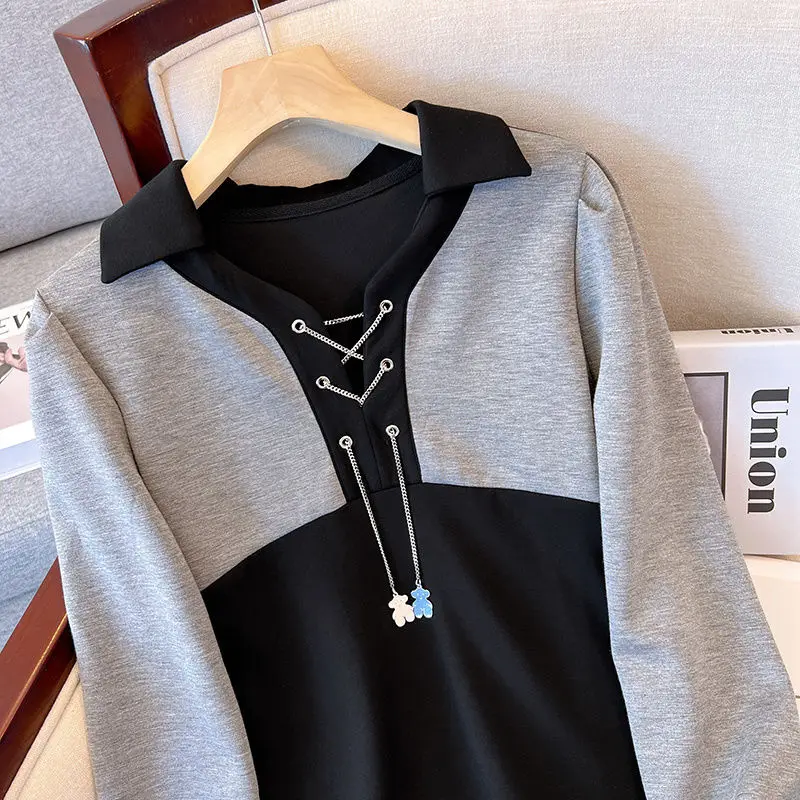 2023 Spring and Autumn Fashion Fried Street Sweet Cool Spliced Contrast Lapel Chain Decoration Oversized Women\'s Sweater Dress