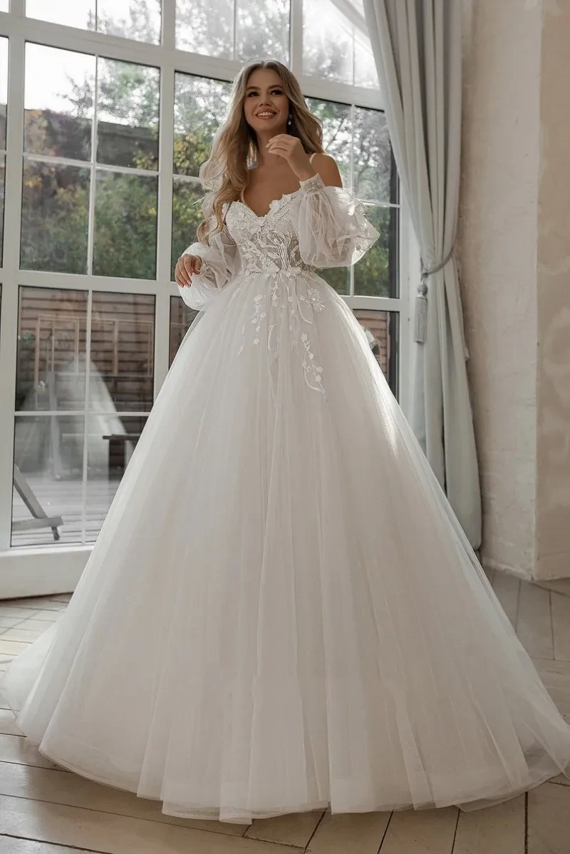 Haohao 2024 abiti da sposa manica a sbuffo Appliques pizzo 3D fiori off spalla Tulle Boho abito da sposa vestidos de novia