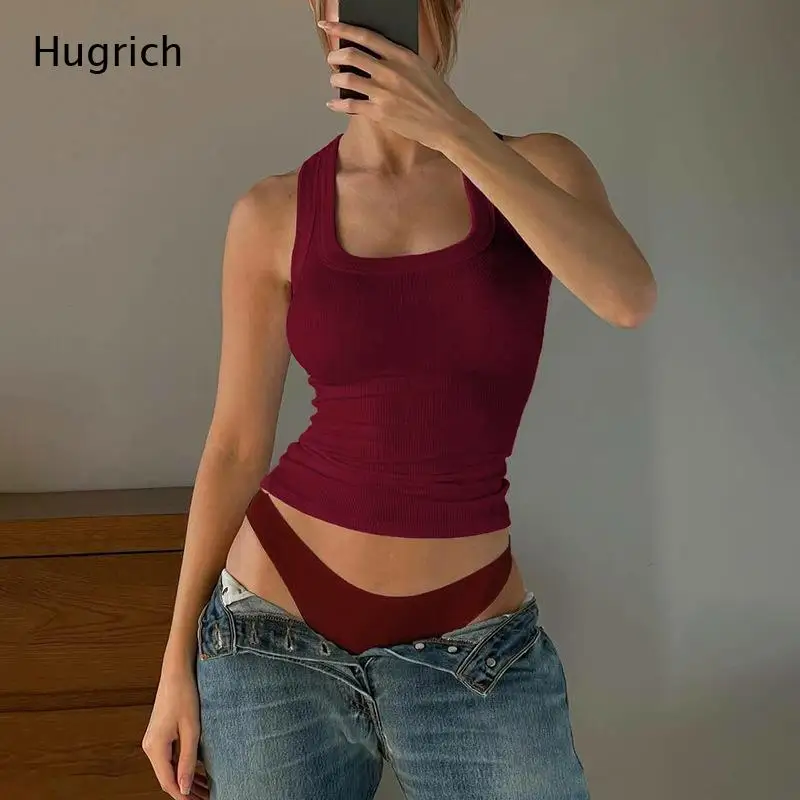 Women Ribbed Knit Square Neck Sleeveless Tank Top Form Fitting Cropped Cami for Daily Casual Streetwear