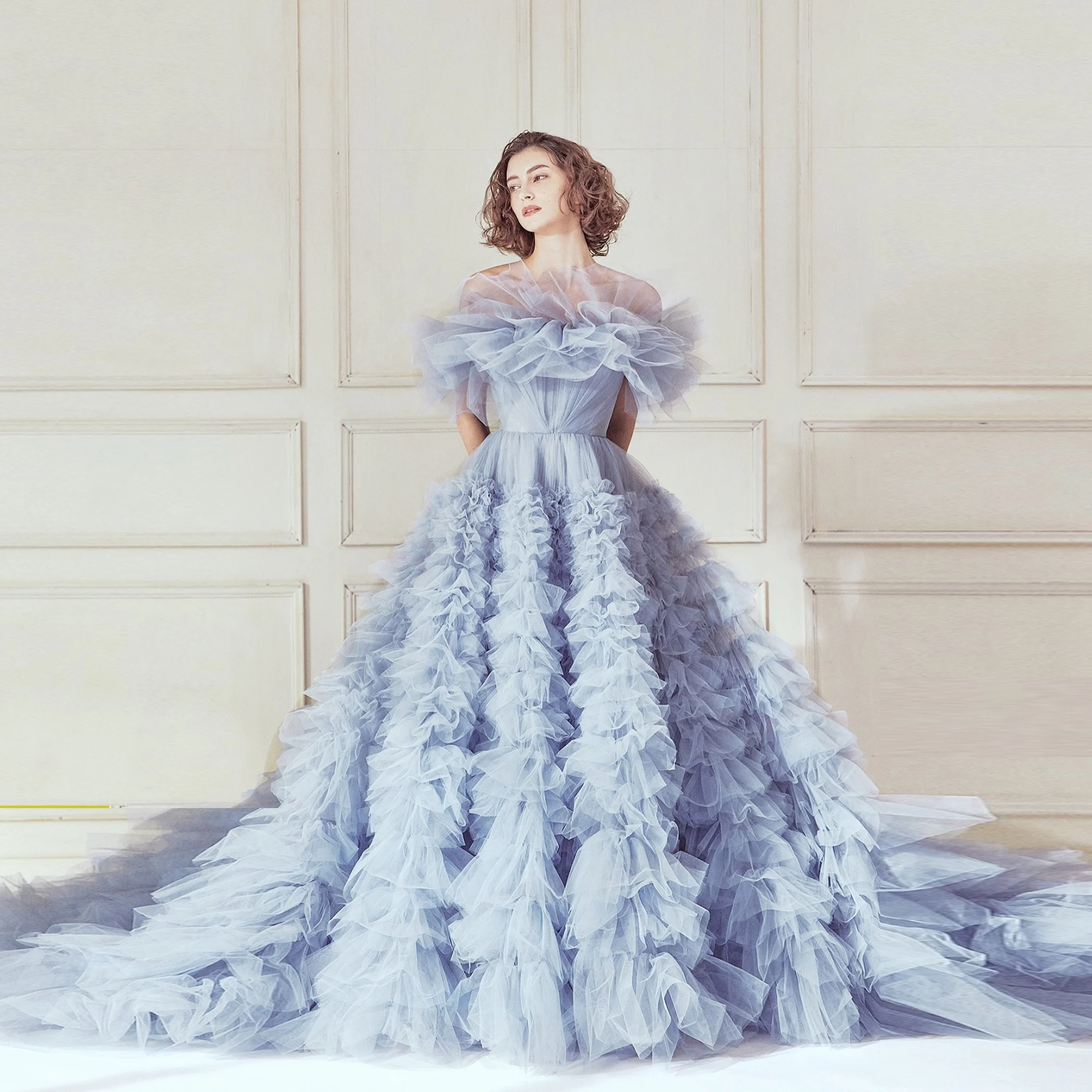 Light Sky Blue Ruffles Tulle Prom Dress Tulle A Line Girls Birthday Party Women Evening Gowns Sweep Train Photo Shoot  Dresses