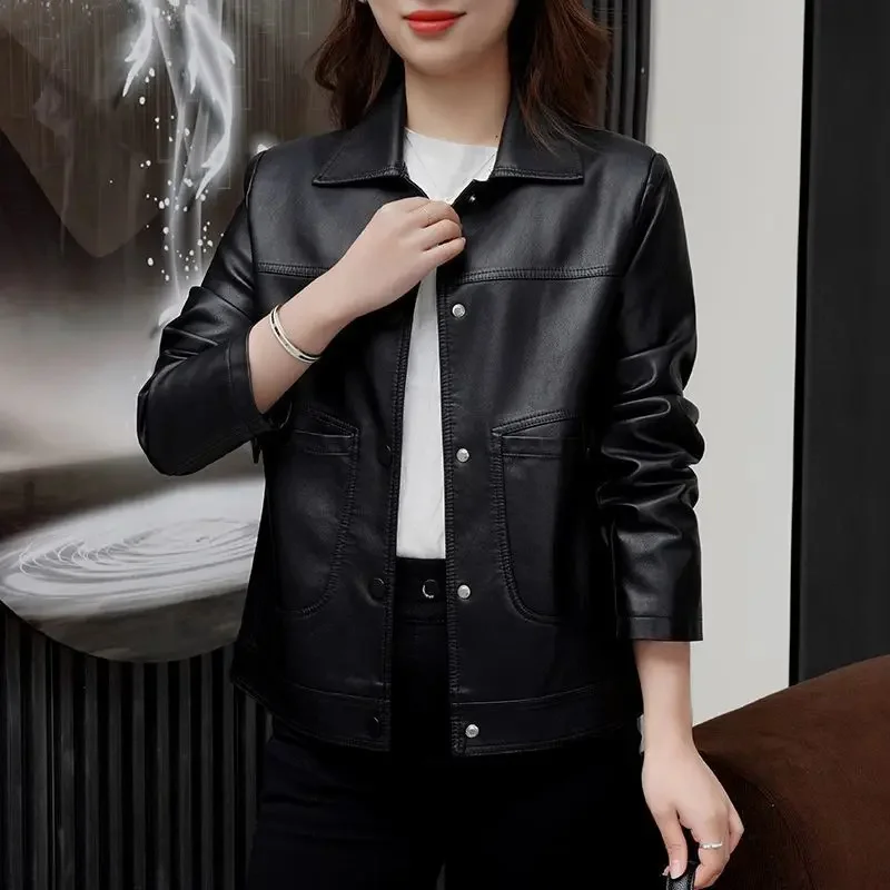 Ladies PU Motorcycle Coat Soft PU Leather Outwear Button Outfit Autumn Winter Fashion Short Female Jacket Black Leather Coat