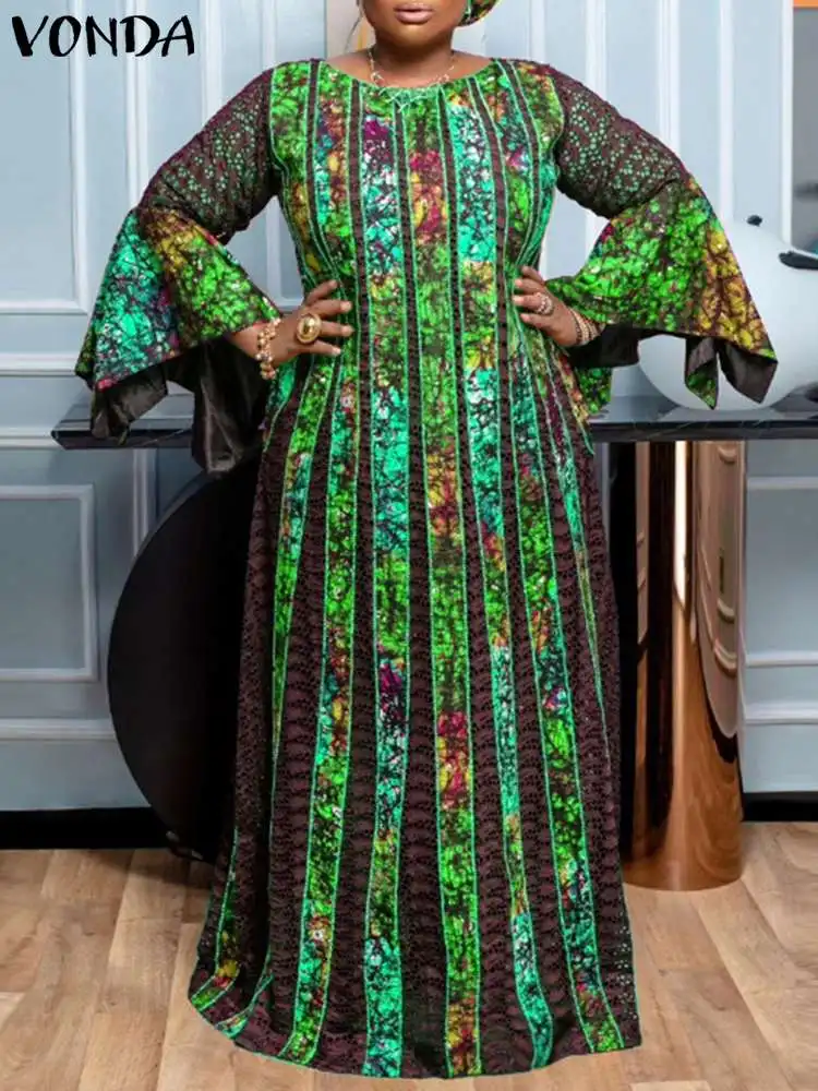 Plus Size 5XL VONDA Vintage Printed Dress Women Bohemian Party Maxi Dress 2024 Long Flare Sleeve Party Casual Loose Robe Femme