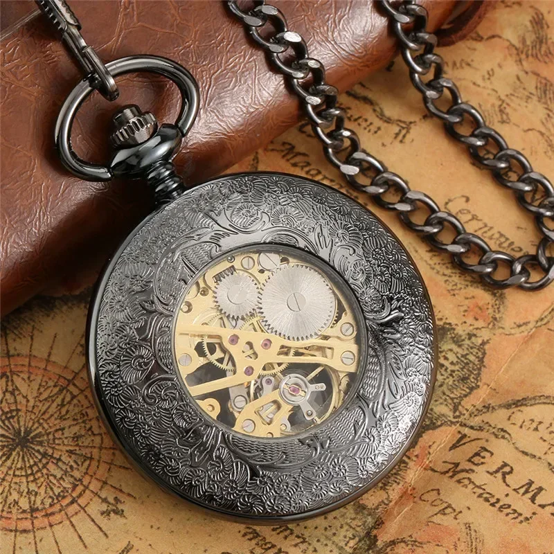 Bronze Hollow Out Case Black Mechanical Pocket Watch Handwinding Skeleton Clock with Roman Number Dial Pendant Chain Gifts