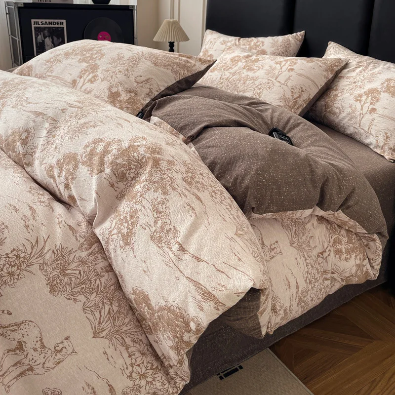 Pure Cotton and Linen Four-piece Retro Style Thickened Autumn and Winter Bed Sheet and Quilt Cover