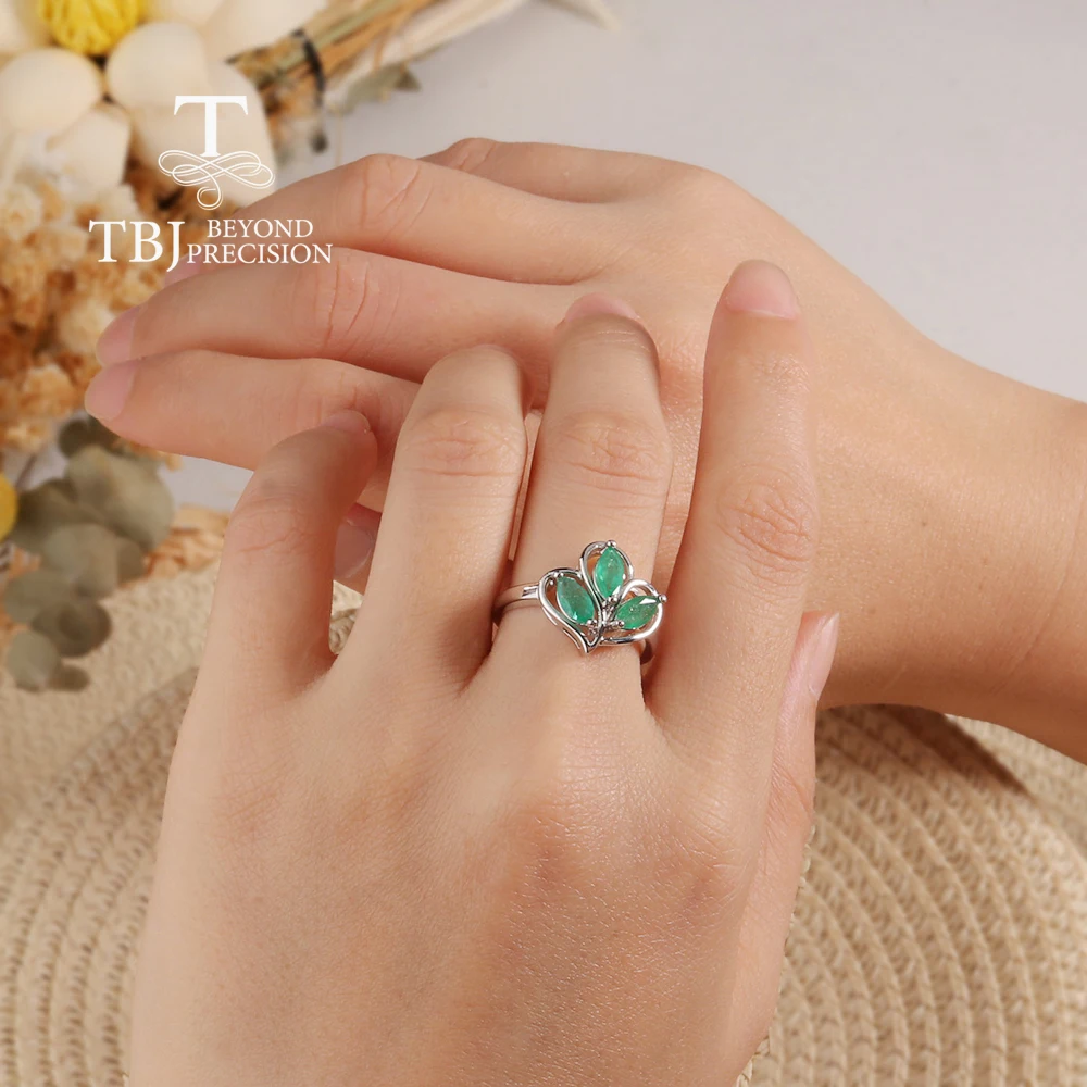 Leaf shape design May Birthstone Natural Emerald S925 Silver Ring Women's anniversaries & Weddings & banquets wear gifts